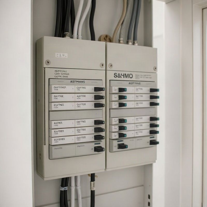 Tablero eléctrico residencial moderno con disyuntores etiquetados en interior de Montevideo
