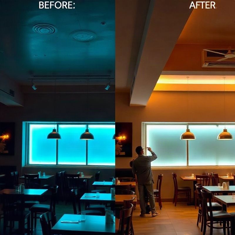 Comparación antes-después de la iluminación de un restaurante en Cordón, Montevideo, con LED cálido en la mitad derecha