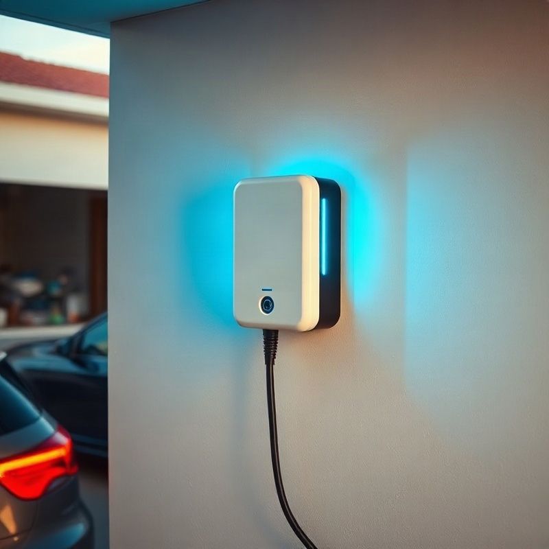 Wallbox de carga para vehículo eléctrico instalado en pared de garaje en Montevideo